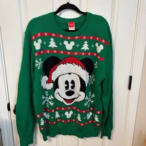 Disney Green Holiday Mickey Mouse Crewneck Sweater with Red Accents